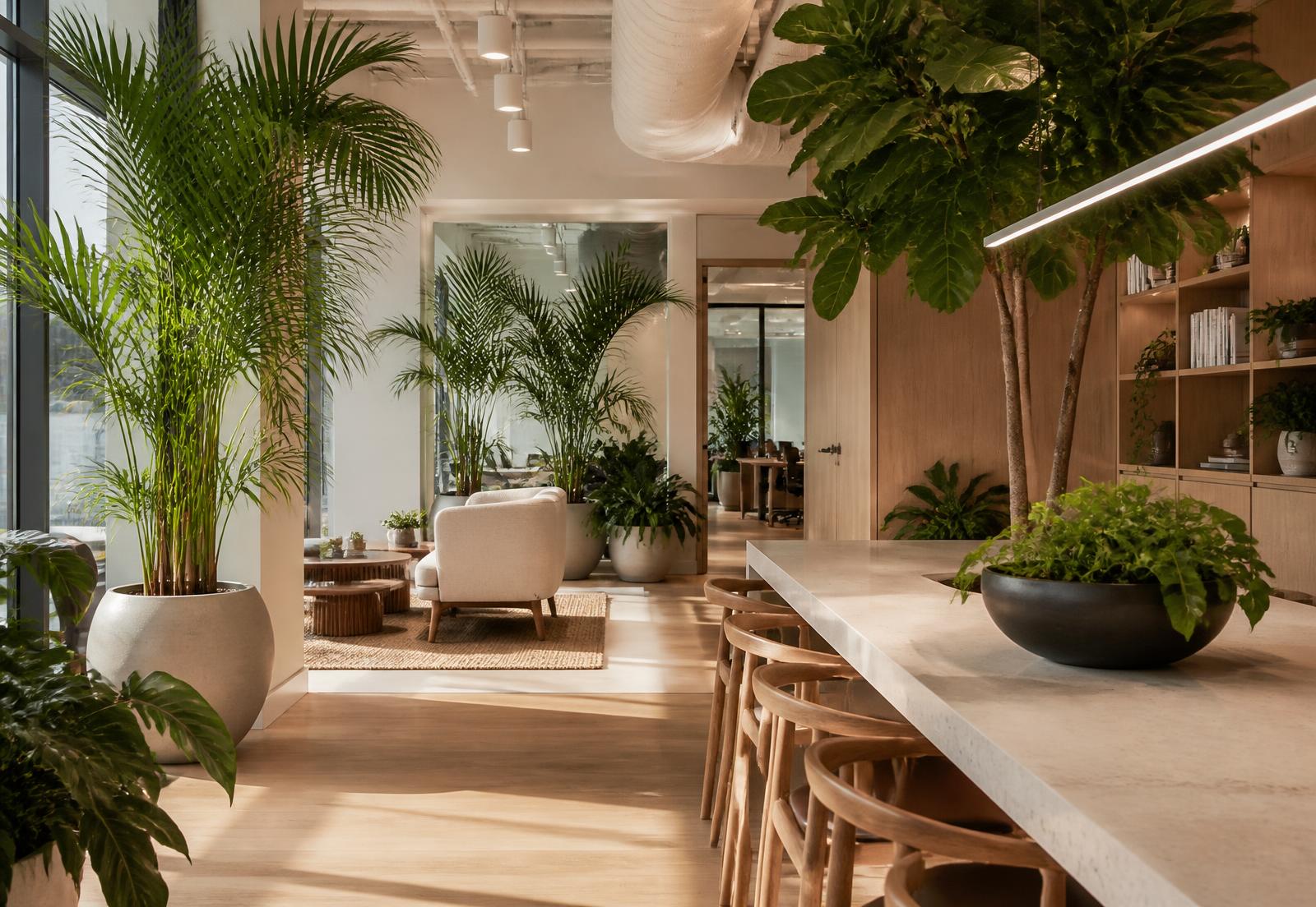 Modern Pune office interior filled with rented indoor plants and palms